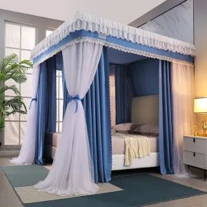 Sky Blue Double-Layer Korean-Style Bed Canopy: 1.8m Bed Mosquito Net with Dustproof Top, Windproof and Warm, Princess-Style Bed Curtains for Home Use