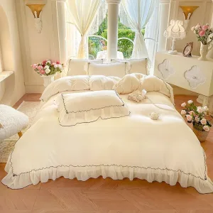 Soft Cream white French-Style Thickened Milk Fleece 4-Piece Bedding Set