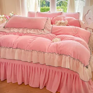 Soft Pink French-Style Thickened Milk Fleece 4-Piece Bedding Set